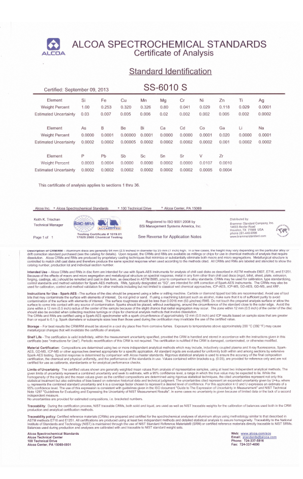 進口美國鋁業(yè)鋁合金光譜標樣AA SS-6010證書